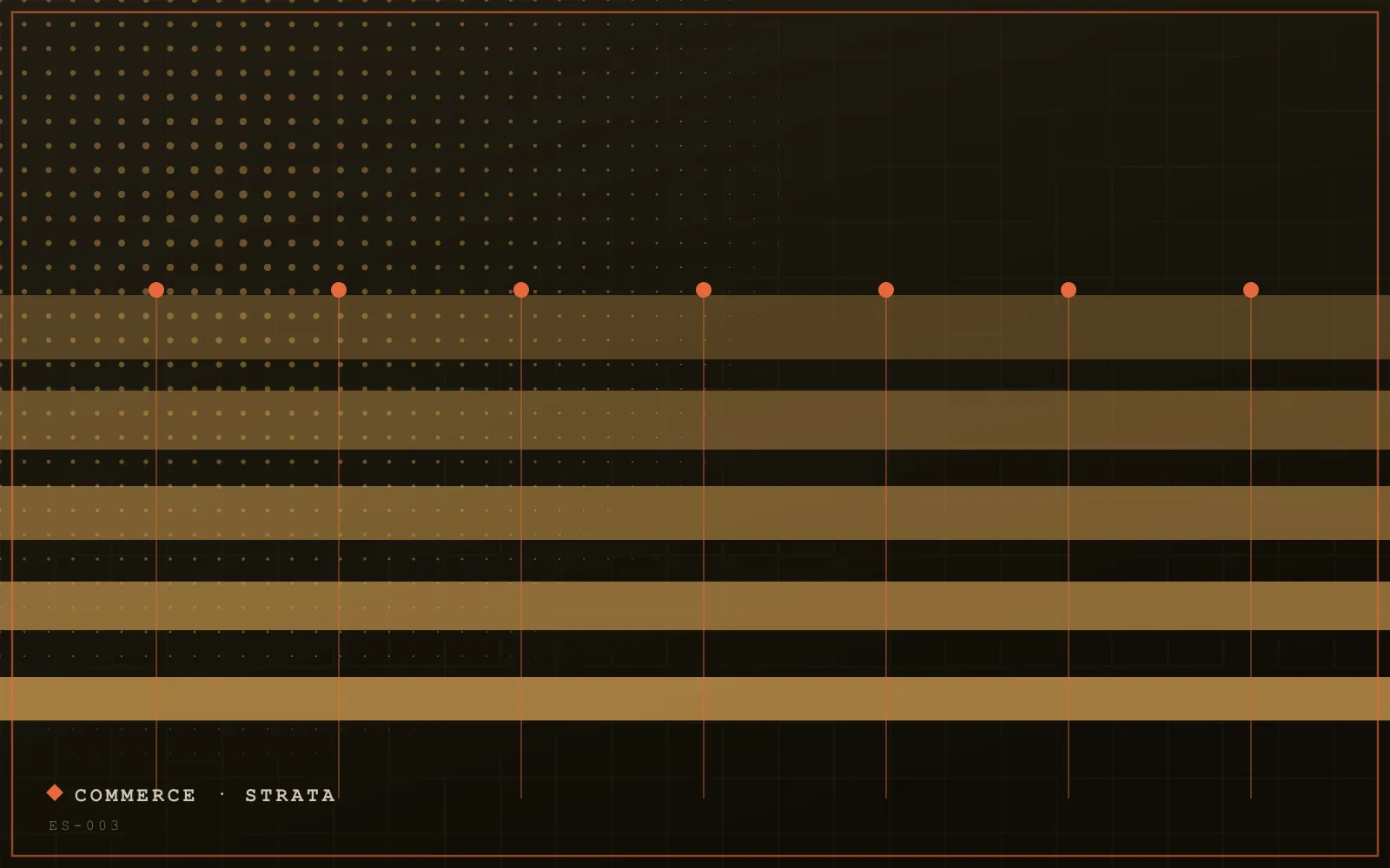Abstract artwork: amber transaction strata crossed by vertical orange nodes.