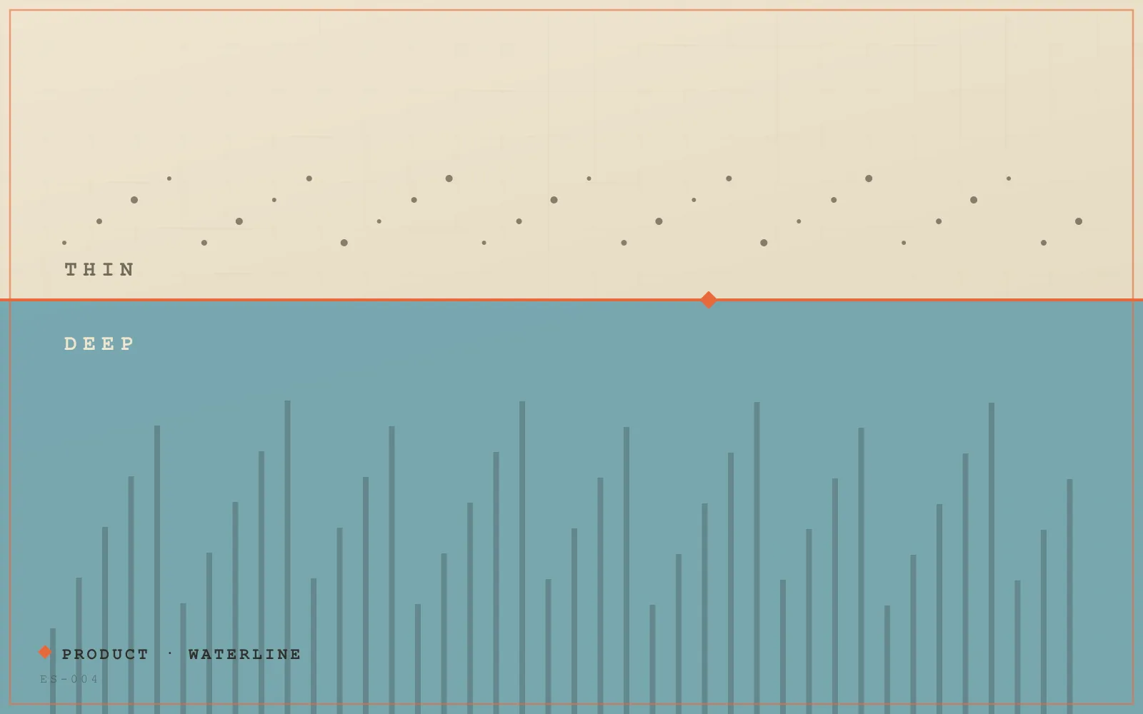 Abstract artwork: a sparse surface over a dense cyan structure, split by an orange waterline.