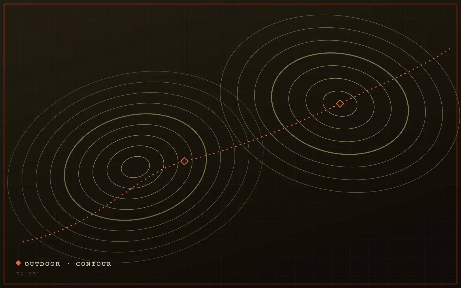 Abstract artwork: olive topographic contours traced by a dashed orange route.